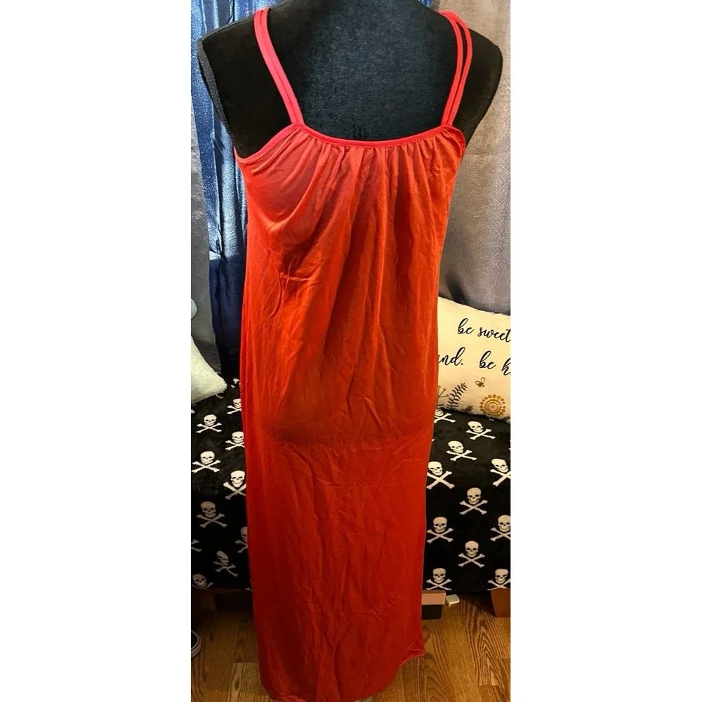 Vintage Med Undercover Wear Red Long Lace Silky Nylon Goddess Nightgown